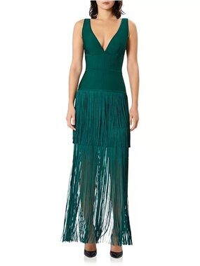 Herve Leger Emerald Green Fringe Maxi Dress